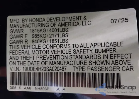 2025 Acura Integra from USA, damaged, VIN 19UDE4H20SA020487